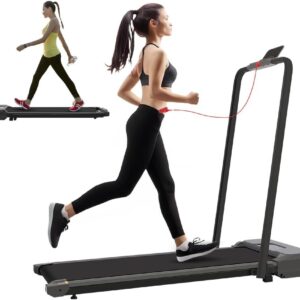 2.0HP Foldable Walking Pad Treadmill – Quiet Under-Desk Running Machine with Handlebar, LED Display & Remote, Slim Portable Design for Home & Office